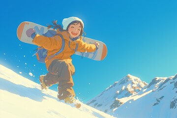 An Animated Girl Joyfully Hikes Up Snowy Slope With Her Snowboard - obrazy, fototapety, plakaty