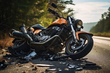 A motorbike accident scene unfolds on the road, with a damaged vehicle serving as a stark reminder of the dangers of the open road.