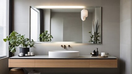 modern bathroom interior with bathtub and mirror
