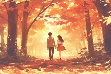 An Anime Couple Strolls Hand In Hand Through Serene Autumn Forest