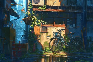 Animestyle Animation Of Rainsoaked City, Featuring Bicycle Parked On Muddy Ground