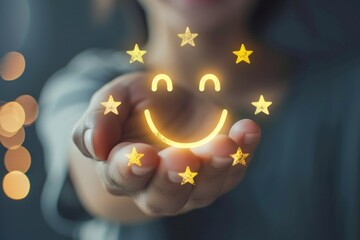 Experience excellent customer services happy smile, smiley face icon. Trustworthy support, top rated star ratings, positive feedback. Five star client service rating, customer success satisfaction.