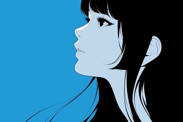 Beautiful Anime Girl In Profile On Blue Background