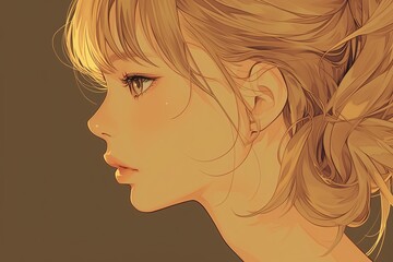 Fototapeta na wymiar Beautiful Anime Girl In Profile On Brown Background