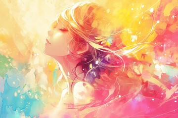 Beautiful Anime Girl In Profile On Colorful Background
