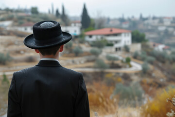 Back to Pray: Young Man in Black Hat Engaged in Religious Prayer, Admiring the Majestic Landscape of Jerusalem's Western Wall