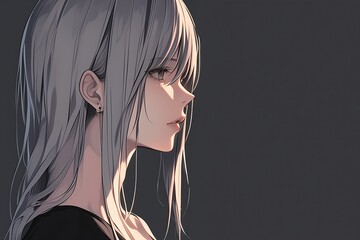 Beautiful Anime Girl In Profile On Dark Gray Background