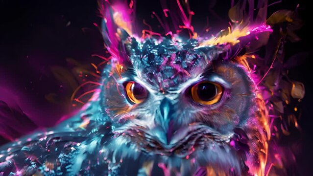 A serene and wise owl is depicted in a holographic portrait their piercing stare seemingly looking right through the hologram.