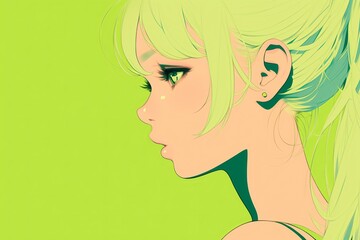 Beautiful Anime Girl In Profile On Pale Green Color Background