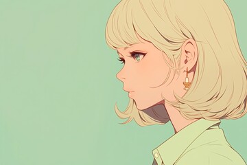 Beautiful Anime Girl In Profile On Pale Mint Color Background