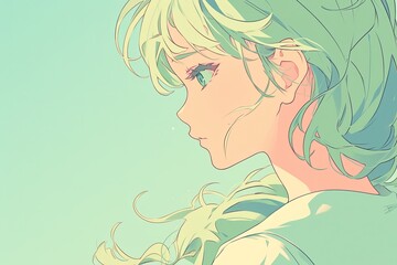 Beautiful Anime Girl In Profile On Pale Mint Color Background