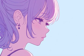 Beautiful Anime Girl In Profile On Pale Purple Color Background