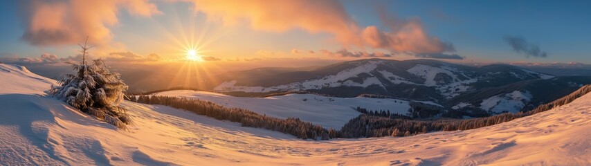 Mountain winter landscape at sunset