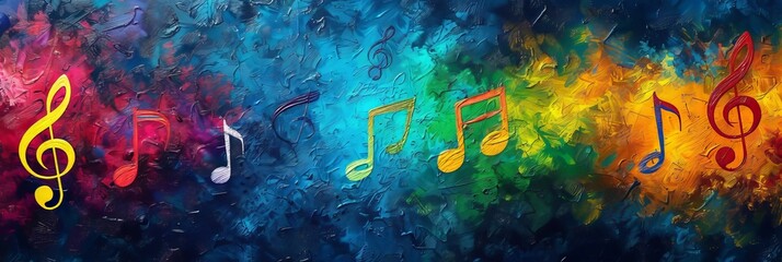 Melodic music notes create abstract composition on bright background, musical banner concept.