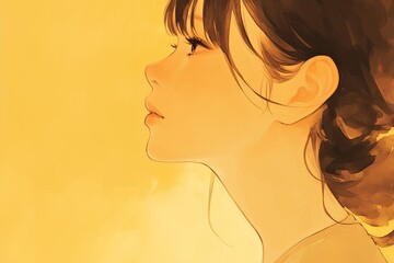 Naklejka premium Beautiful Anime Girl In Profile On Pale Yellow Color Background
