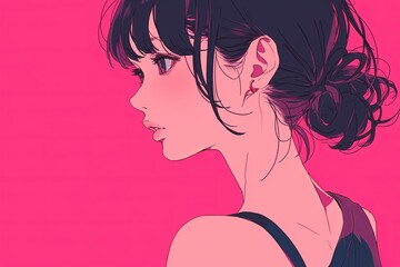Beautiful Anime Girl In Profile On Pink Background