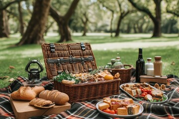 Rustic Picnic Basket & Gourmet Treats in Lush Park Setting