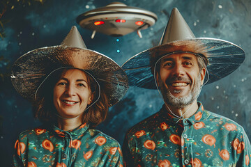 man and woman holding metallic hats, exaggerated emotions, futuristic spaceship, ufos in the sky, conspiracy theory concept