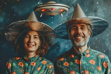 Fotobehang man and woman holding metallic hats, exaggerated emotions, futuristic spaceship, ufos in the sky, conspiracy theory concept © zgurski1980