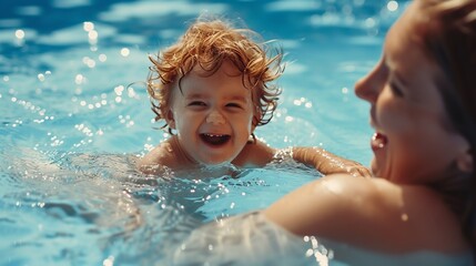 Happy family playing in swimming pool. Mother and son having fun in water.AI.