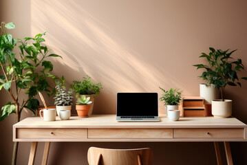 Interior of a cozy workplace with a laptop at home in Scandinavian style