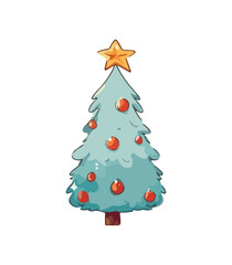Vector illustration of decorated Christmas tree in snow on white background. Green fluffy xmas pine, isolated on white background. Cute Christmas tree in cartoon watercolor style.