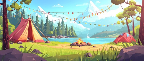 Summer camp illustration. tent and campfire next to lake, with mountains and pine view. flat style.