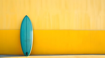 a turquoise surfboard with empty space isolated on yellow background, copy space, mockup.