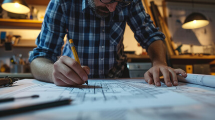 A professional architect working on blueprints in a design studio, highlighting creativity and attention to detail - obrazy, fototapety, plakaty