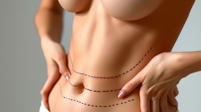 Close up of overweight woman s belly with fat pad and markers for plastic surgery   obesity concept