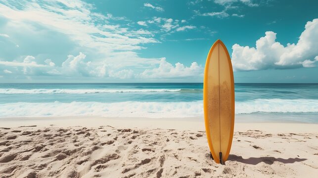 Surfboard on sandy tropical beach background. summertime sport concept, hobbies. copy space, mockup, wallpaper.