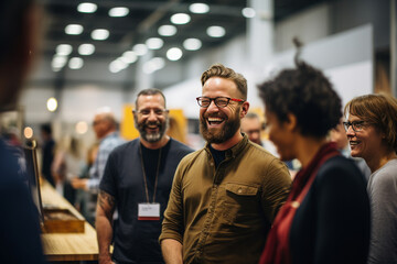 Close up picture of a happy and laughing staff or participant people group listening to a startup business owner at a trade show exhibition event. Generative AI.