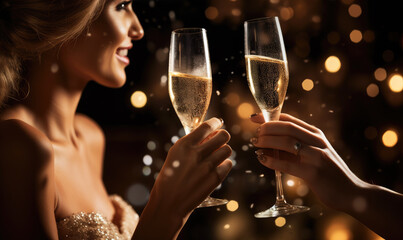 Two glasses with sparkling champagne in hands, cheers, Happy New Year concept.