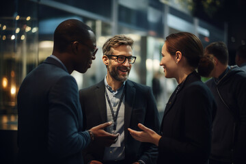 Close up picture of a happy and laughing staff or participant people group listening to a startup business owner at a trade show exhibition event. Generative AI.