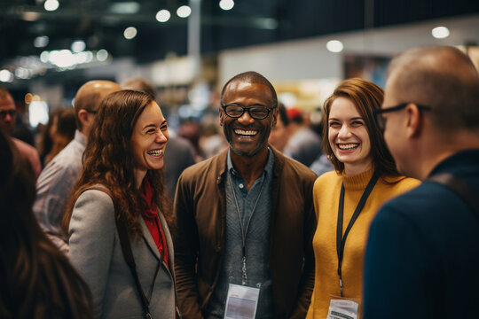 Close up picture of a happy and laughing staff or participant people group listening to a startup business owner at a trade show exhibition event. Generative AI.