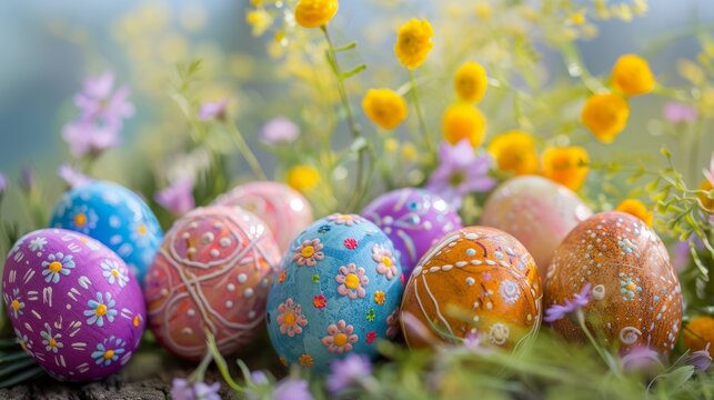 colorful easter eggs with flowers in the meadow