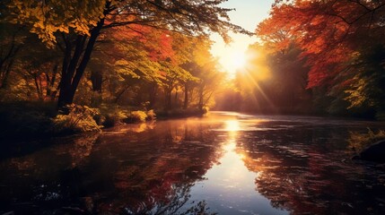 realistic photo Autumn view of beautiful colored trees over the river, shining in the sunlight. generative ai