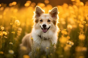 Icelandic sheepdog sitting in meadow field surrounded by vibrant wildflowers and grass on sunny day ai generated - obrazy, fototapety, plakaty