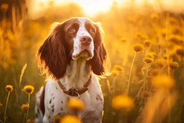 Papier Peint photo Prairie, marais English springer spaniel dog sitting in meadow field surrounded by vibrant wildflowers and grass on sunny day ai generated