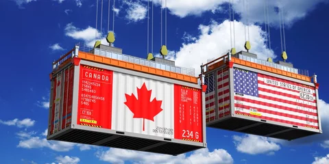 Foto op Plexiglas Shipping containers with flags of Canada and USA - 3D illustration © PX Media
