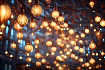 Beautiful luminous garland of large lamps on a blurry background, 8k. 