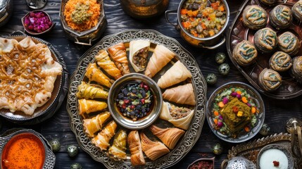 Middle Eastern cuisine is displayed on a dark wooden surface