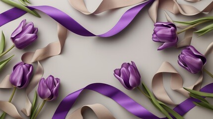 background with purple ribbon and tulip flowers on a gray concrete background. Celebrating International Women's Day.