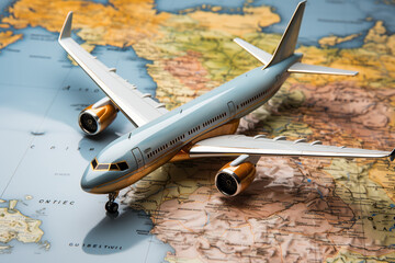 Air Transport. A model of a passenger plane stands on a world map on the table. Generated by artificial intelligence