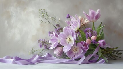 Obraz na płótnie Canvas background with purple ribbon and tulip flowers on a gray concrete background. Celebrating International Women's Day.