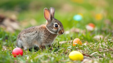 Naklejka na ściany i meble Cute rabbit bunny sitting on the meadow next to colorful easter eggs