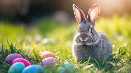Fototapeta na wymiar Cute rabbit bunny sitting on the meadow next to colorful easter eggs