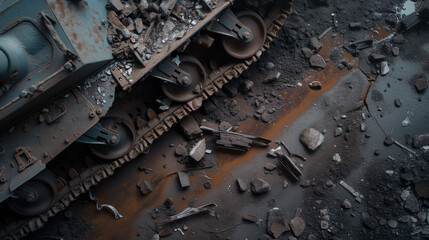 Photograph of ground littered with metal fragments and war debris. Visible tank tracks in the frozen dirt.