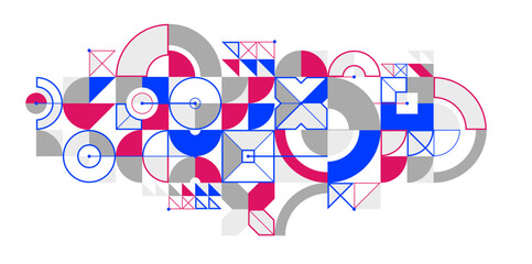 Bauhaus style abstract geometric vector background with circles triangles and lines, geometrical abstraction art, artistic pattern composition.