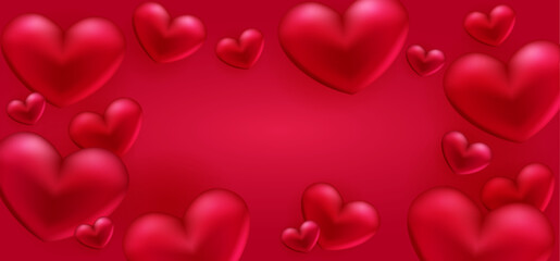  Red 3D hearts on a red background. Horizontal Happy Valentines day banner with place for text. Vector illustration